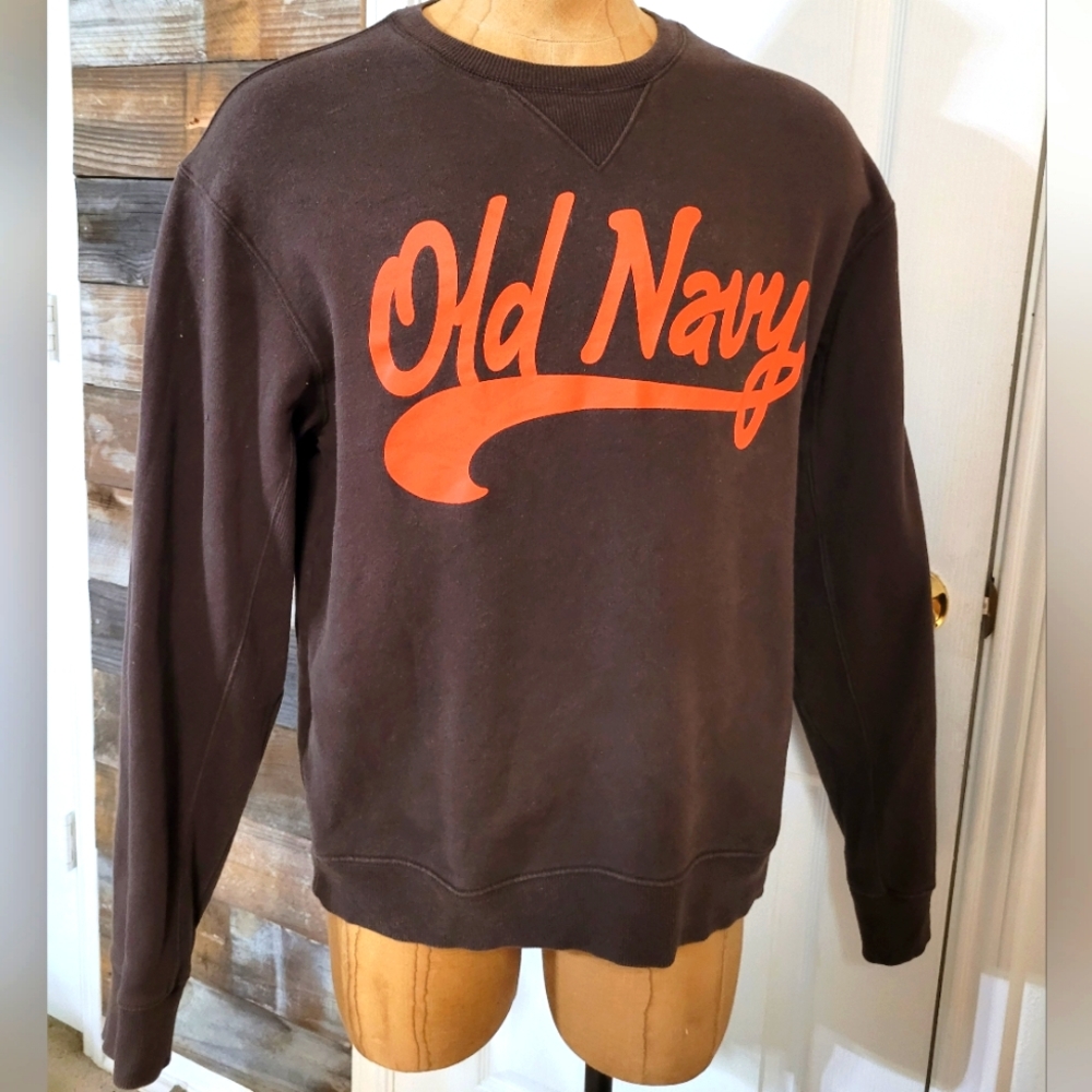 Old Navy Sweater Mens L Brown Orange Graphic Spellout Heavyweight Crewneck Y2K